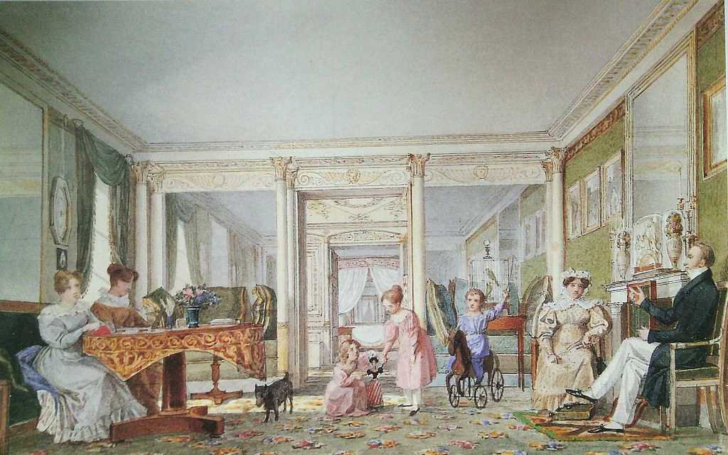 La famiglia Gagarin, il principe Nikolai Sergeevich Gagarin, accanto alla suocera A.V. Bobrinskaya, la moglie, Maria Alekseevna Gagarina, i Maria, Leonilla e Nikolai